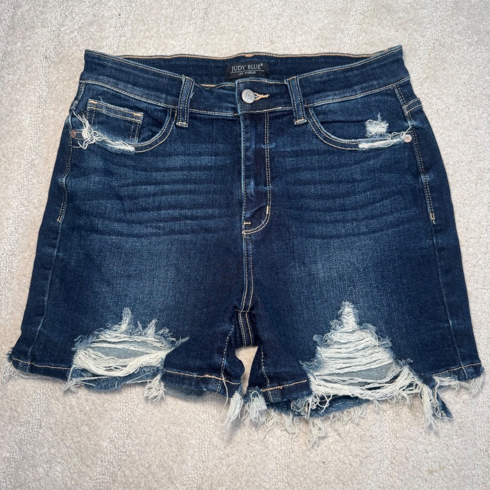 Judy Blue Jean Denim Shorts Distressed Dark Wash Womens L stretchy